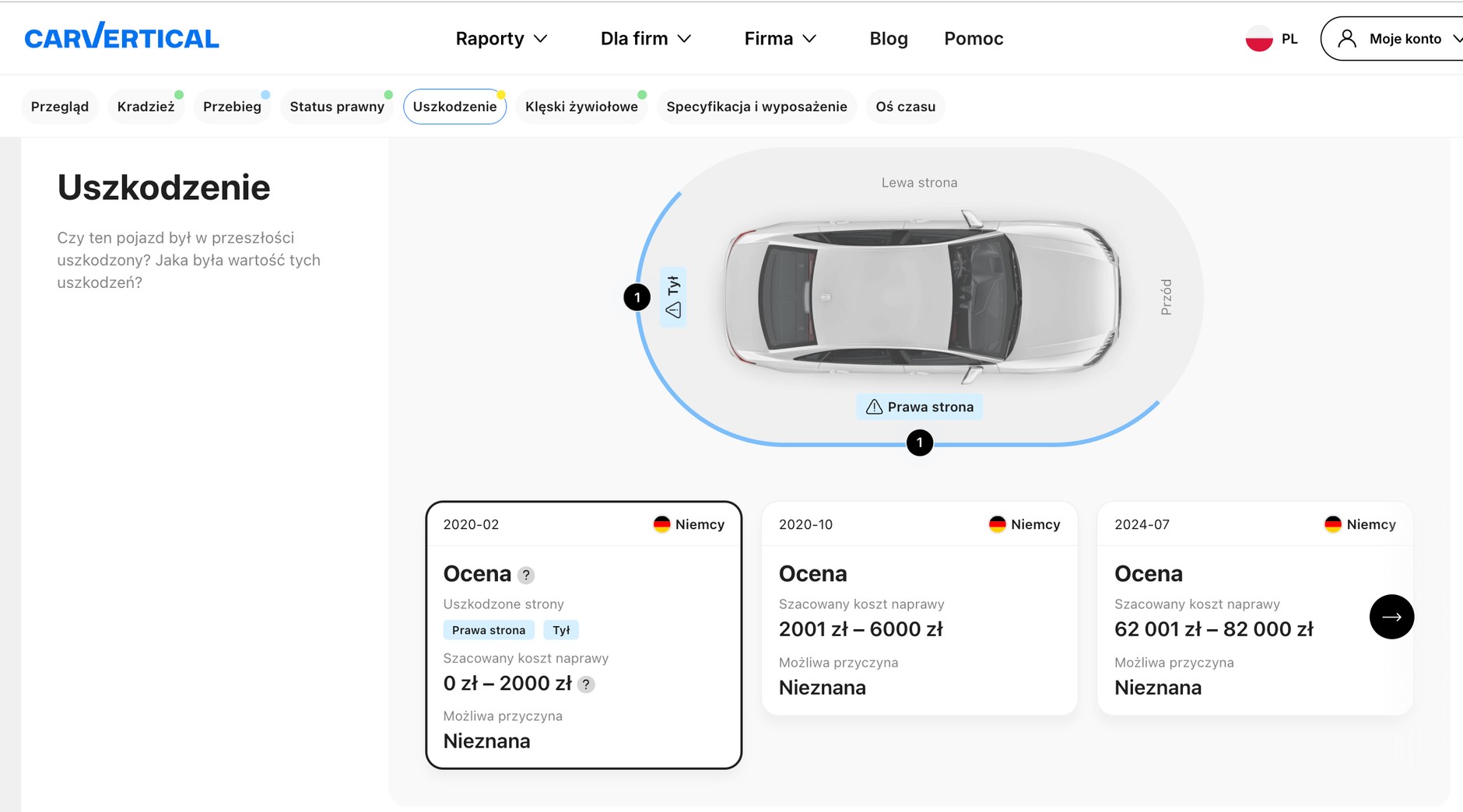 Auto było ubezpieczone i serwisowane i stąd ciekawe dane zawarte w płatnym raporcie wygenerowanym na podstawie numeru VIN. Dowiadujemy się, że miało trzy szkody, z czego jedną można zakwalifikować jako poważną. Koszty naprawy auta w ASO zbliżyły się do wartości samochodu sprzed szkody