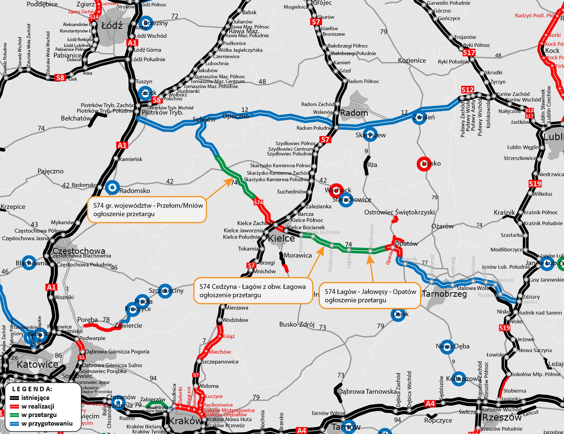 Mapa z przebiegiem drogi S74