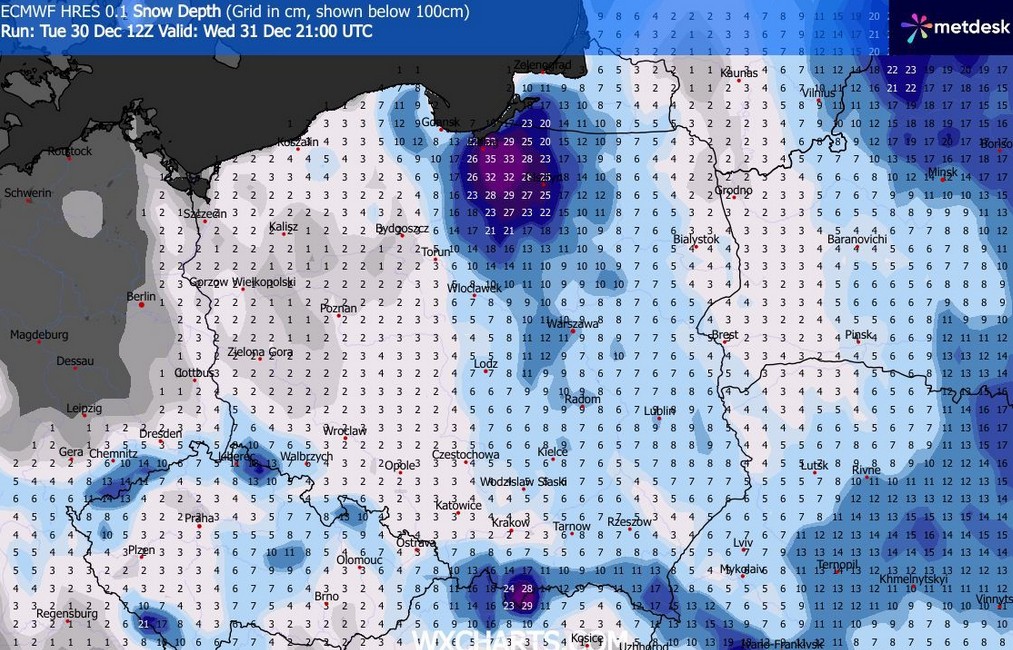 W sylwestra wieczorem śniegiem pokryje się niemal cały kraj. Głębokość pokrywy śnieżnej w okolicach Elbląga dochodzić będzie do 35 cm.