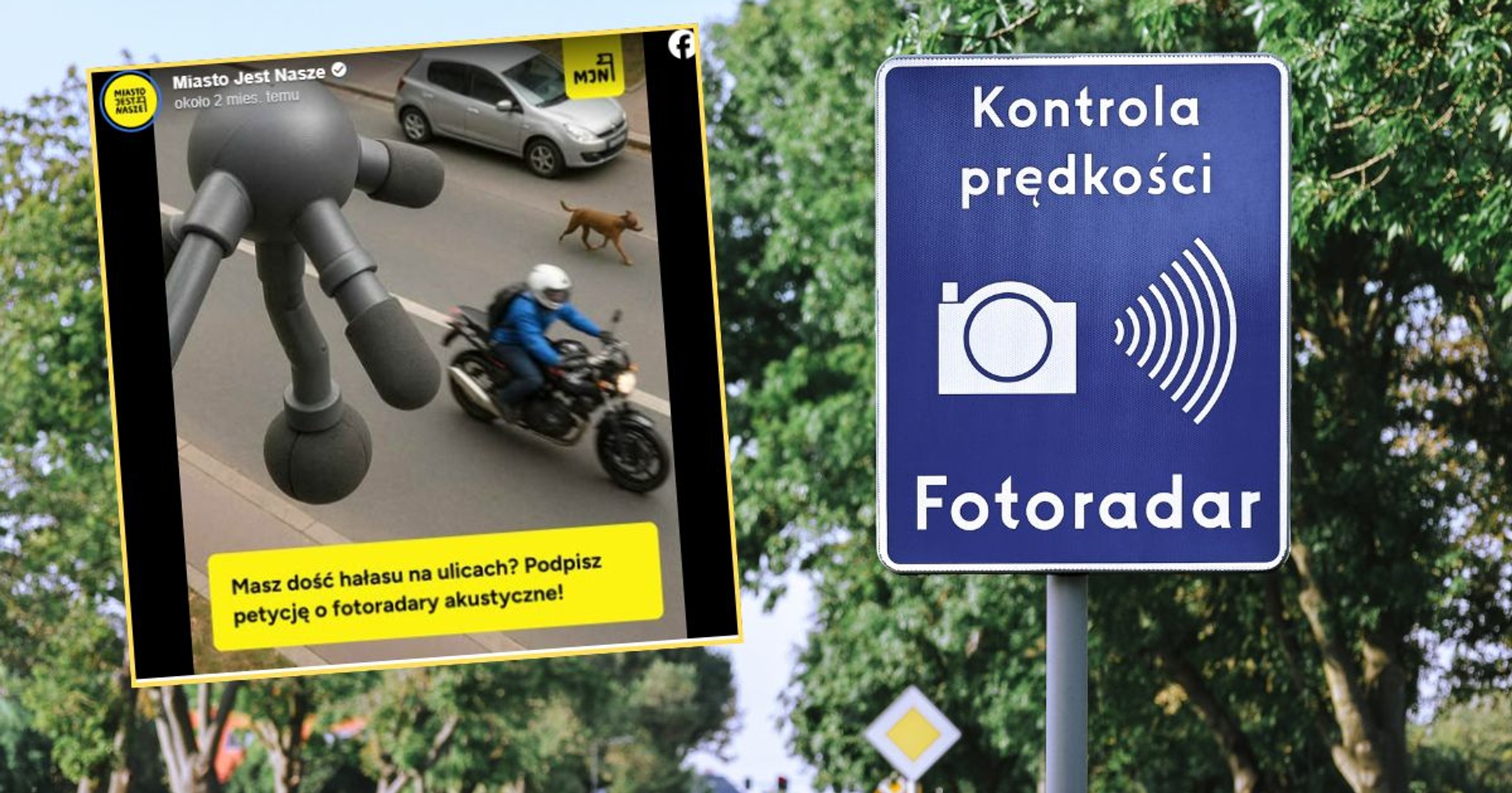 Znak "fotoradar" (zdjęcie ilustracyjne), na screenie grafika Miasto Jest Nasze, przedstawiająca fotoradar akustyczny (Facebook/miastojestnasze)