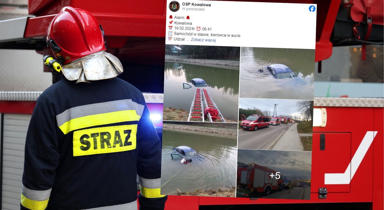Stała na dachu auta i czekała na pomoc. Pojazd utknął w stawie