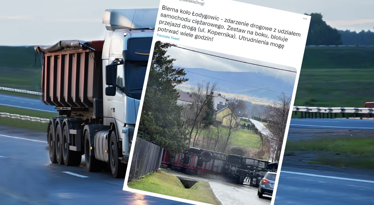 Coś poszło nie tak przy rozładunku wywrotki. Droga była zablokowana przez kilka godzin