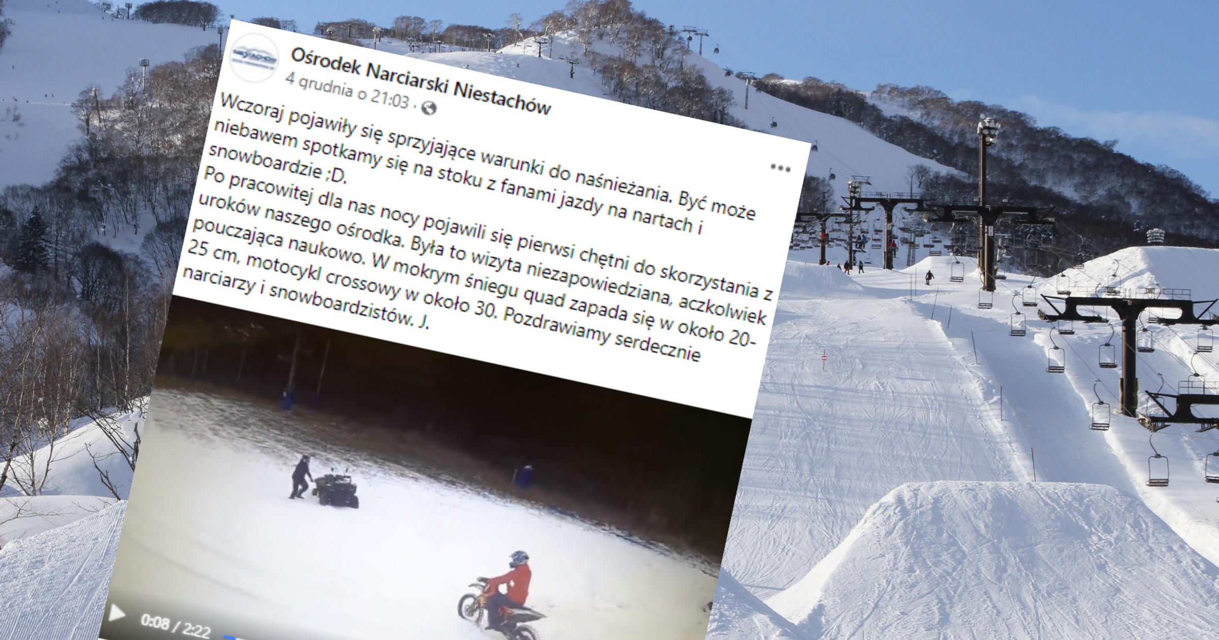 Grupa osób próbowała zjechać ze stoku narciarskiego quadami i motocyklami. (Zdjęcie ilustracyjne, facebook.com/niestachow)