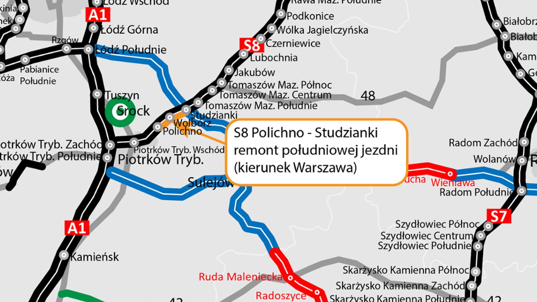 Remont S8 w kierunku Warszawy, między Polichnem i Studziankami (woj. łódzkie), mapa