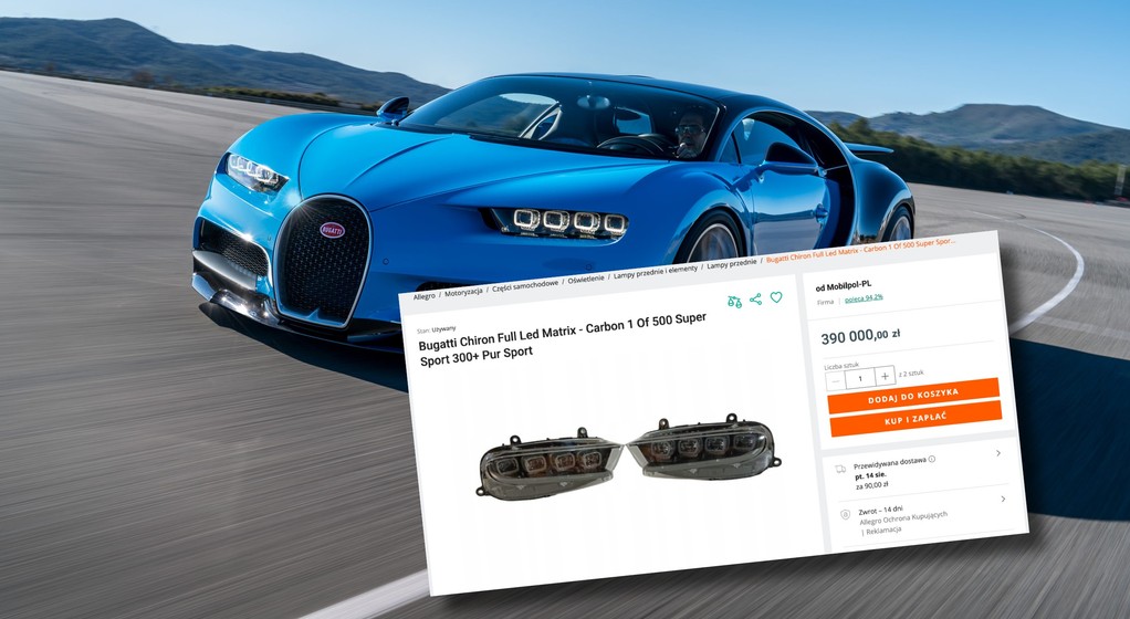 Lampy od Bugatti Chirona wystawione na sprzedaż na portalu ogłoszeniowym w Polsce