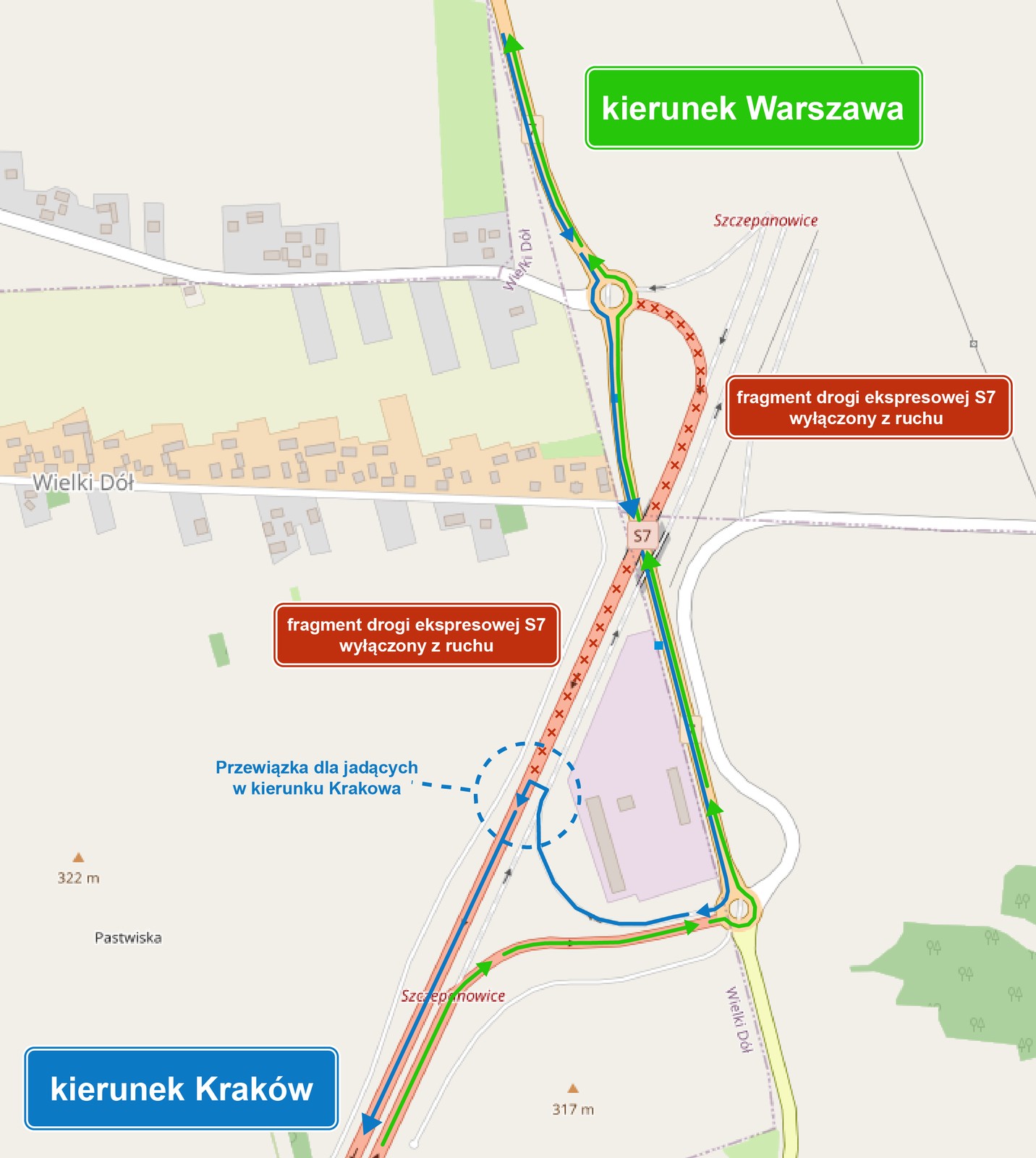 Zmiany w organizacji ruchu na węźle Szczepanowice na S7
