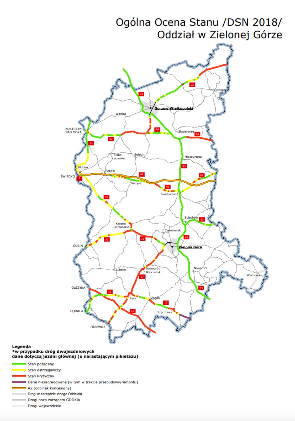 Mapy poglądowe z ogólną oceną stanu technicznego nawierzchni w poszczególnych oddziałach GDDKiA