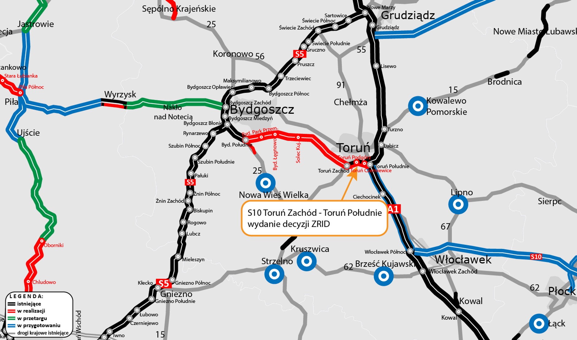 Droga S10 Toruń Zachód - Toruń Południe. Mapa