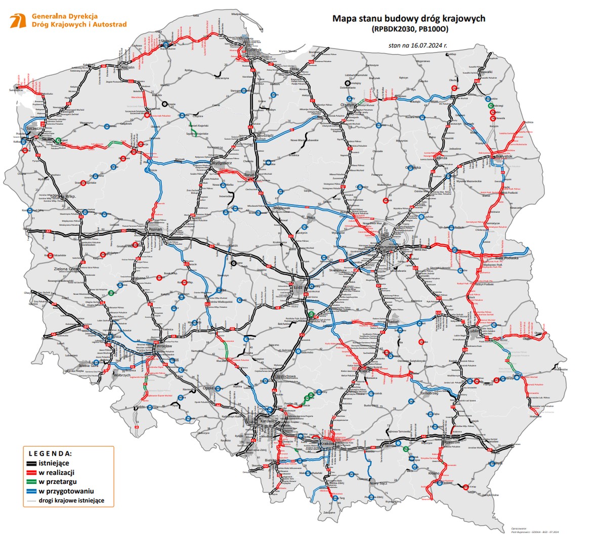 Mapa stanu budowy dróg w Polsce. Stan na 16.07.2024 r.