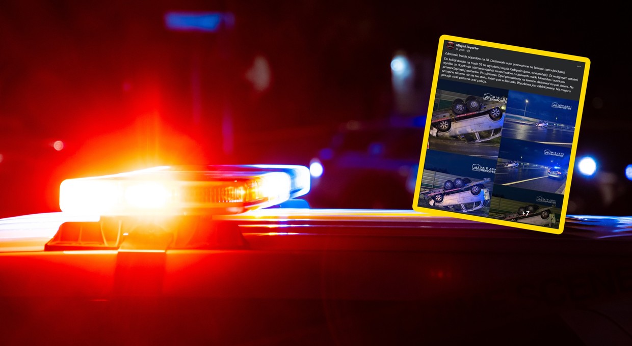 Trzy pojazdy zderzyły się na S8. Opel dachował na lawecie