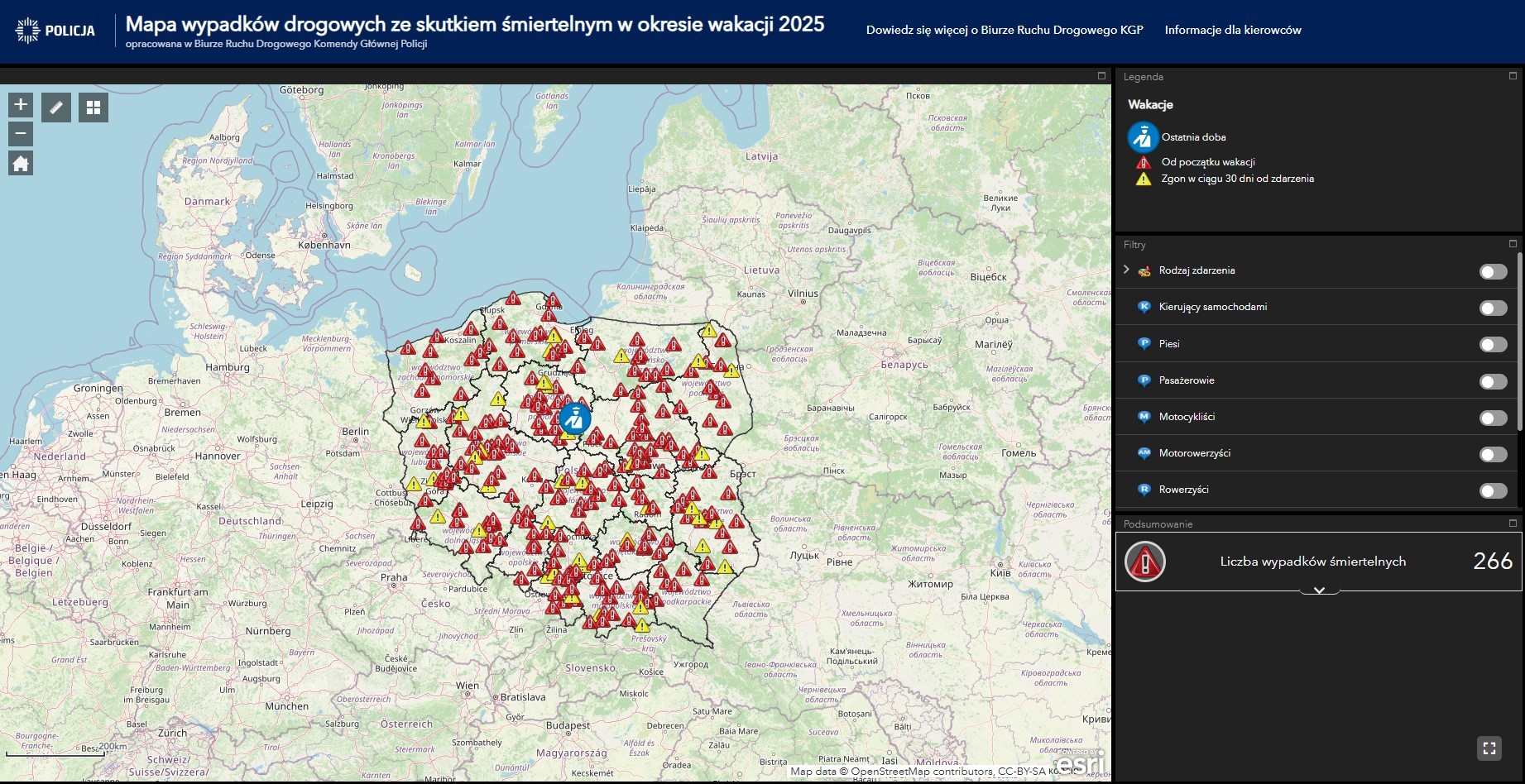 Mapa wypadków drogowych ze skutkiem śmiertelnym w okresie wakacji 2025
