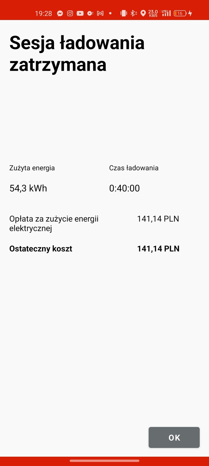 Sesja ładowania z ładowarki Orlenu