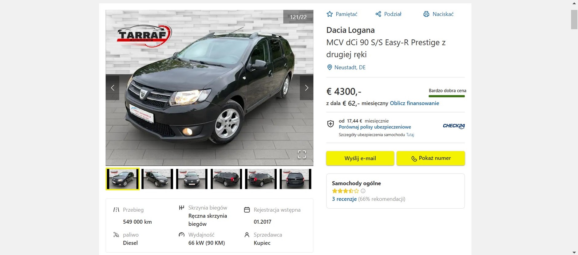 Zrzut ekranu ogłoszenia Dacii Logan MCV na portalu AutoScout24