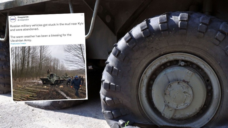 Przez nieprzejezdne drogi Rosjanie porzucają tony sprzętu wojskowego