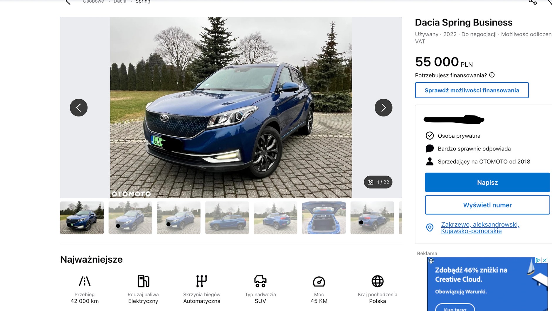 Seres 3 – auto z silnikiem o niewielkiej mocy, ale baterią (podobno) o poj. aż 53 kWh. Za zarejestrowany w Polsce samochód z przebiegiem 42 tys. km wystawiany na Otomoto pod różnymi markami trzeba zapłacić ok. 50 tys. zł