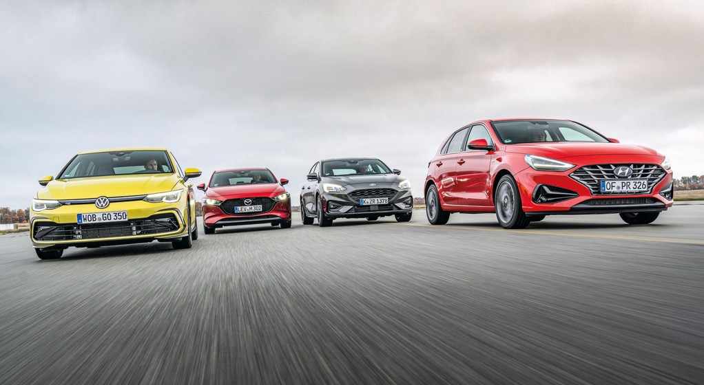 Porównanie kompaktów: Ford Focus 1.0 EcoBoost Hybrid, Mazda 3 Skyactiv-G, Hyundai i30 1.5 T-GDI iMT, VW Golf 1.5 eTSI