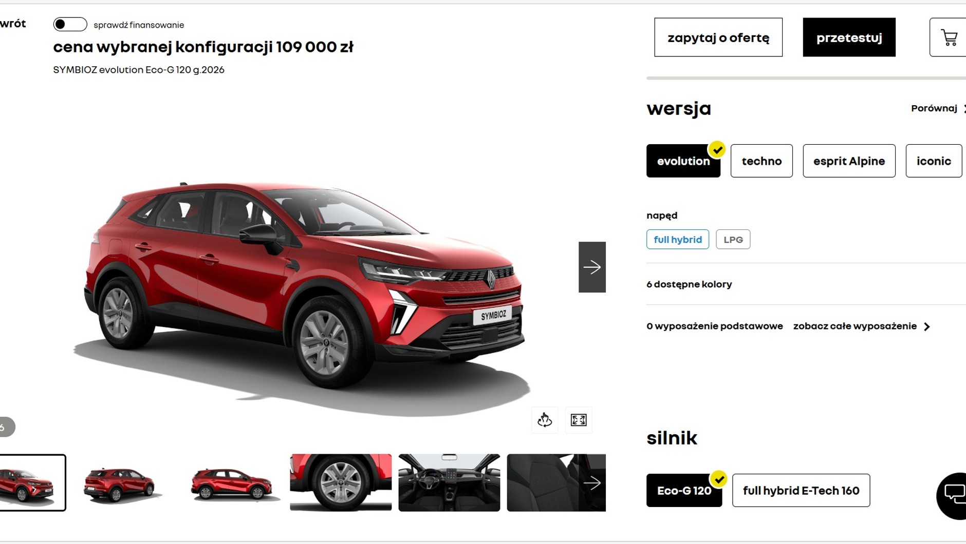 Zrzut ekranu z konfiguratora Renault Symbioz