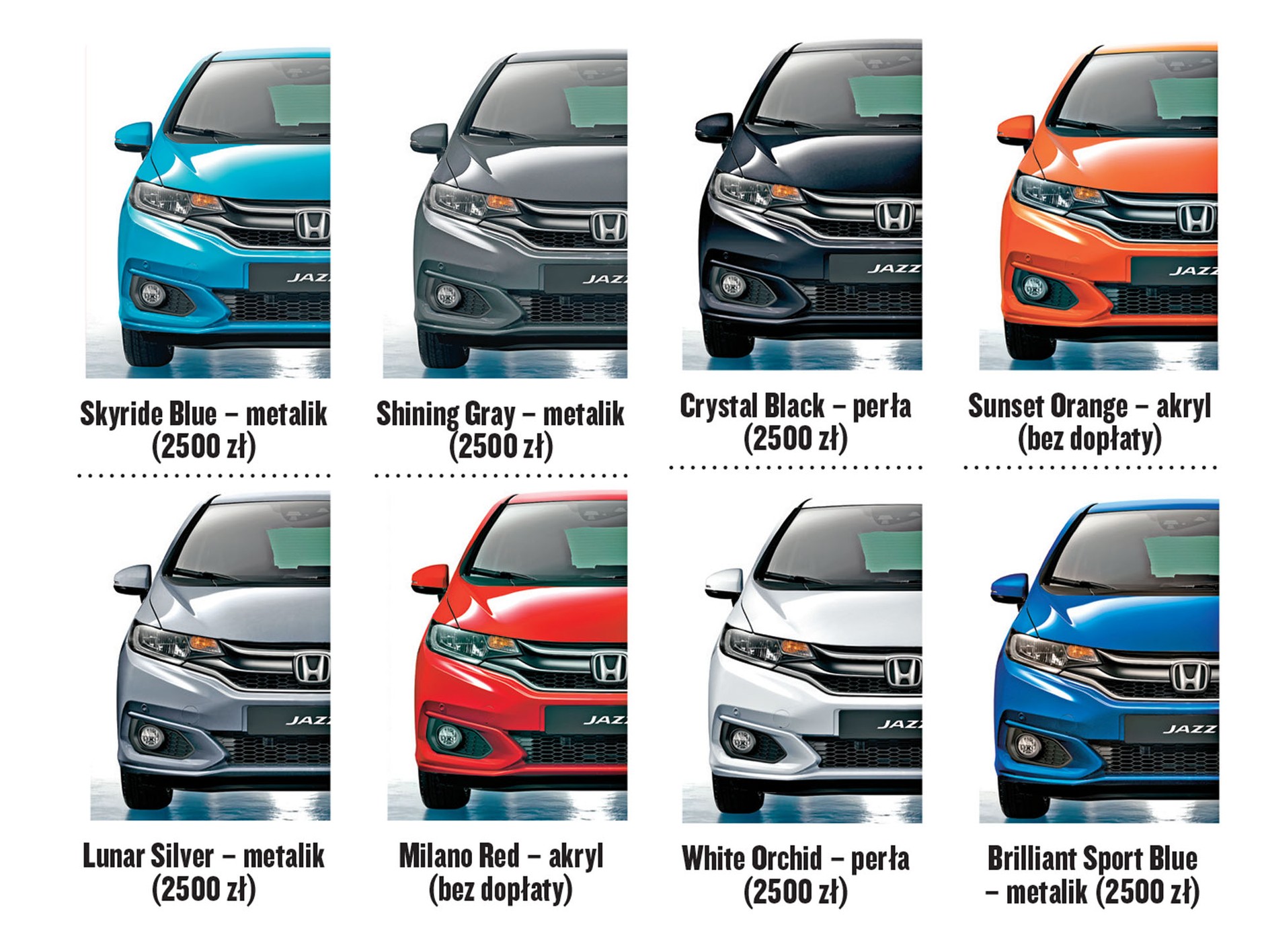 Paleta kolorów obejmuje 2 lakiery akrylowe, 
4 metalizowane i 2 perłowe.