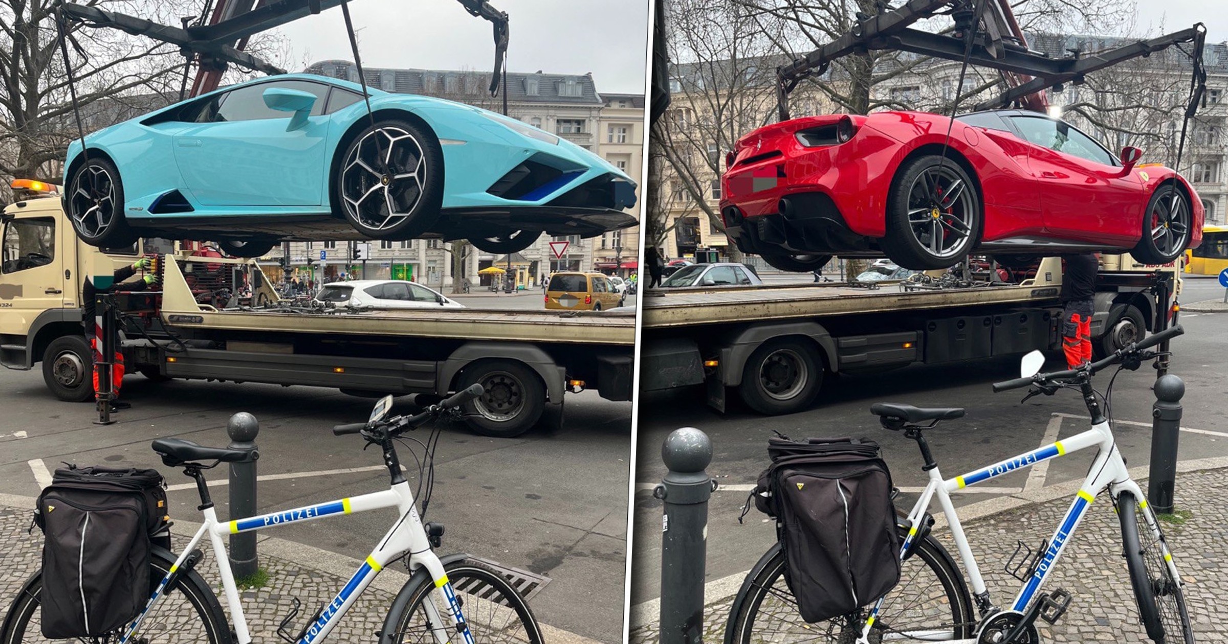Odholowywane Ferrari 488 Spyder i Lamborghini Huracan
