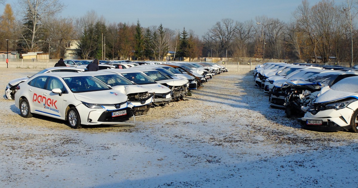 Skład wraków samochodów carsharingowych na warszawskiej Białołęce