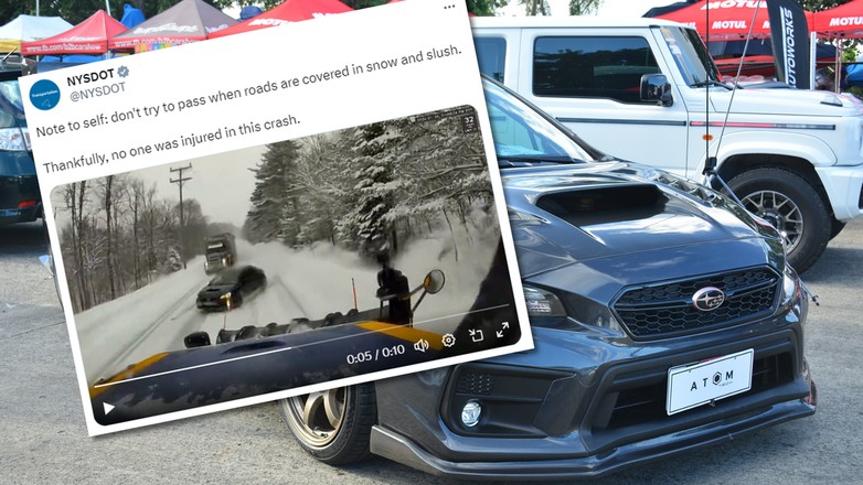 Pług przeciął jego Subaru na pół