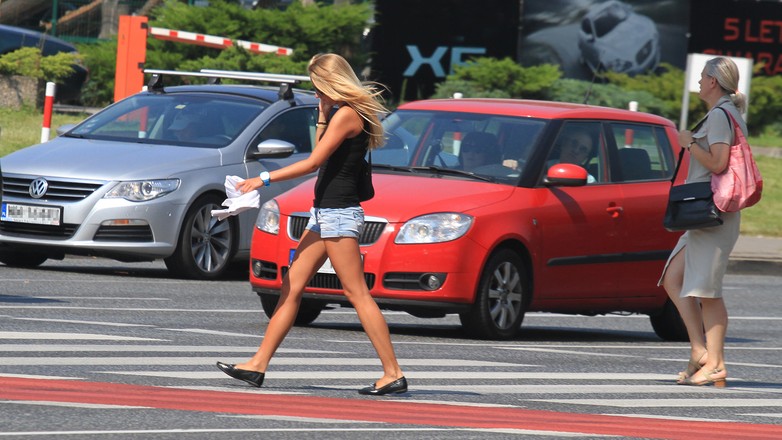 Pieszy na pasach z komórką w dłoni