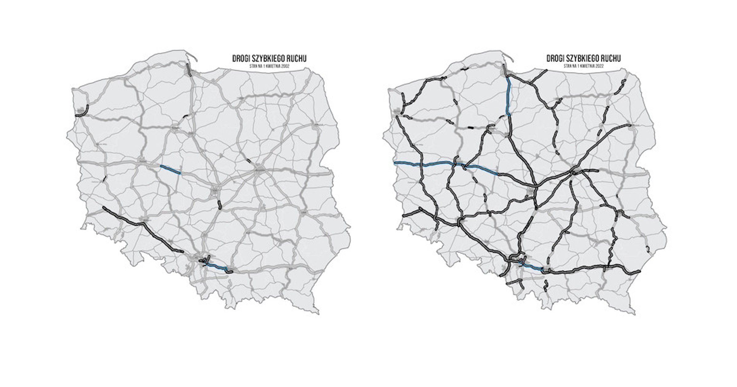 Mapa dróg w Polsce w 2002 i 2022 r.