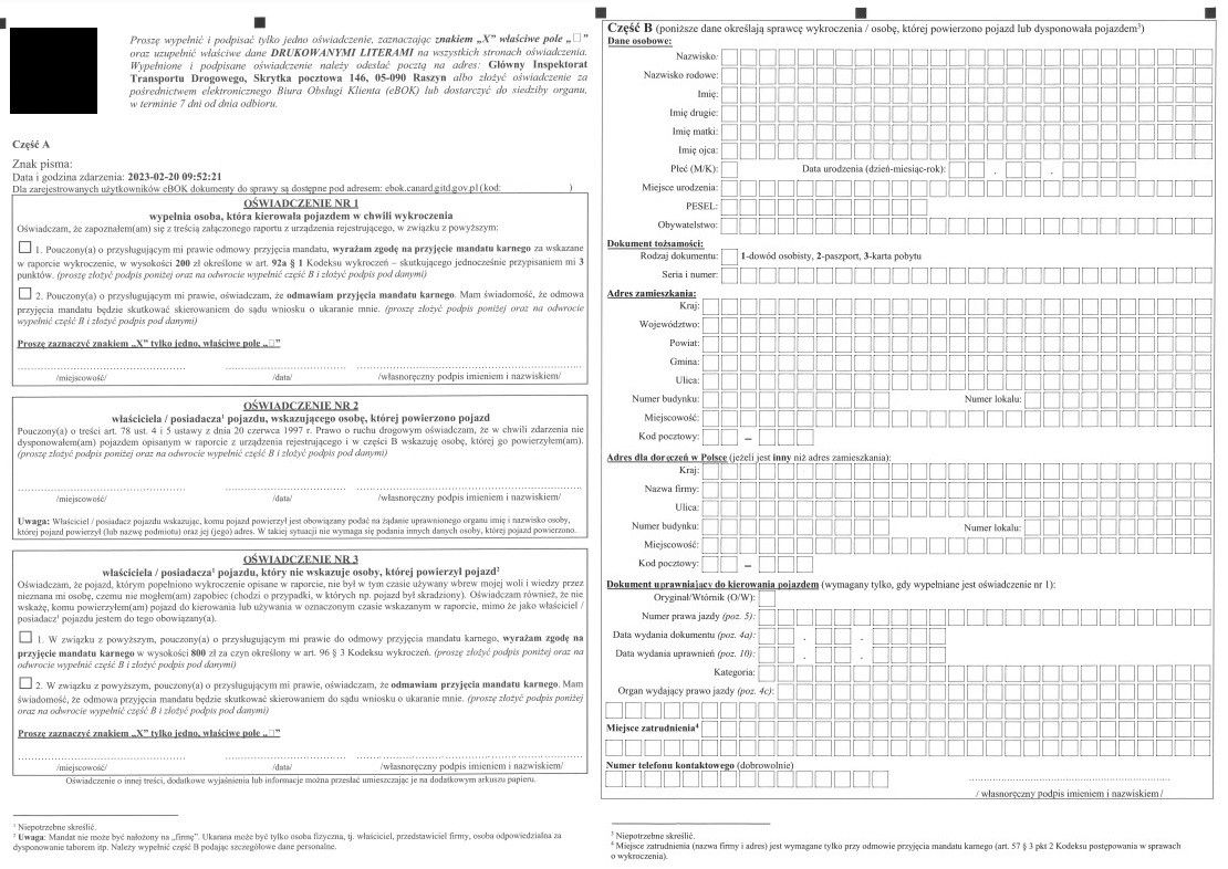 Oświadczenie po zrobieniu zdjęcia z fotoradaru