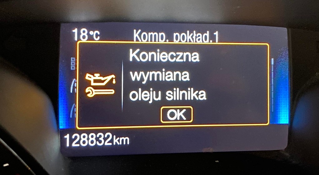 Informacja o konieczności wymiany oleju
