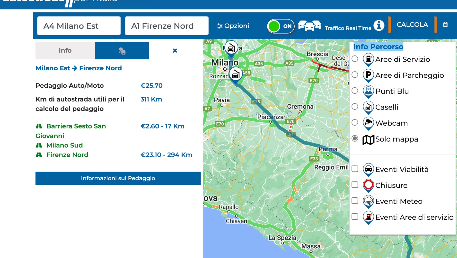 Przejazd autostradą A1 z Mediolanu do Florencji