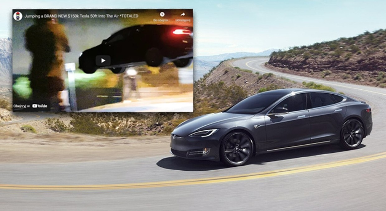 Kierowca sprawdził, czy Tesla Model S potrafi latać. Potrafi, ale lądować już nie [Wideo]