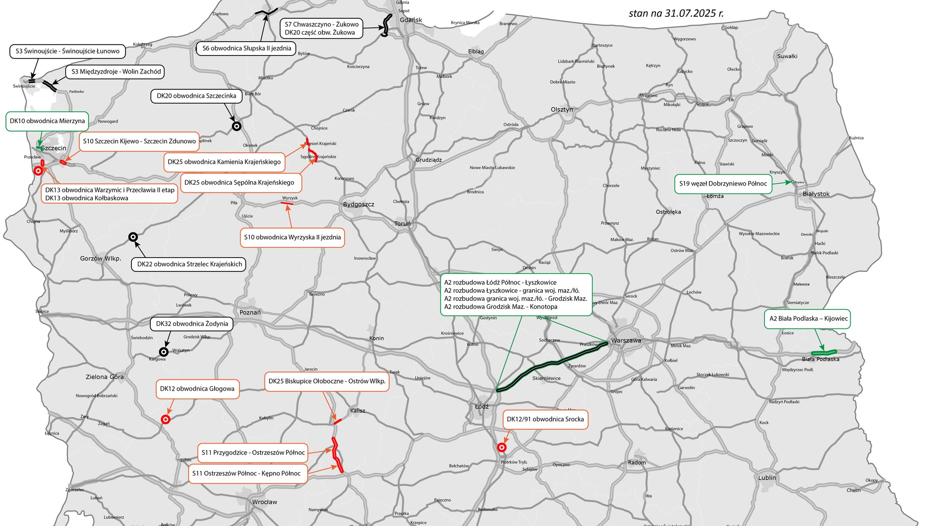 Mapa inwestycji oddanych do ruchu, podpisanych umów i ogłoszonych przetargów od początku roku