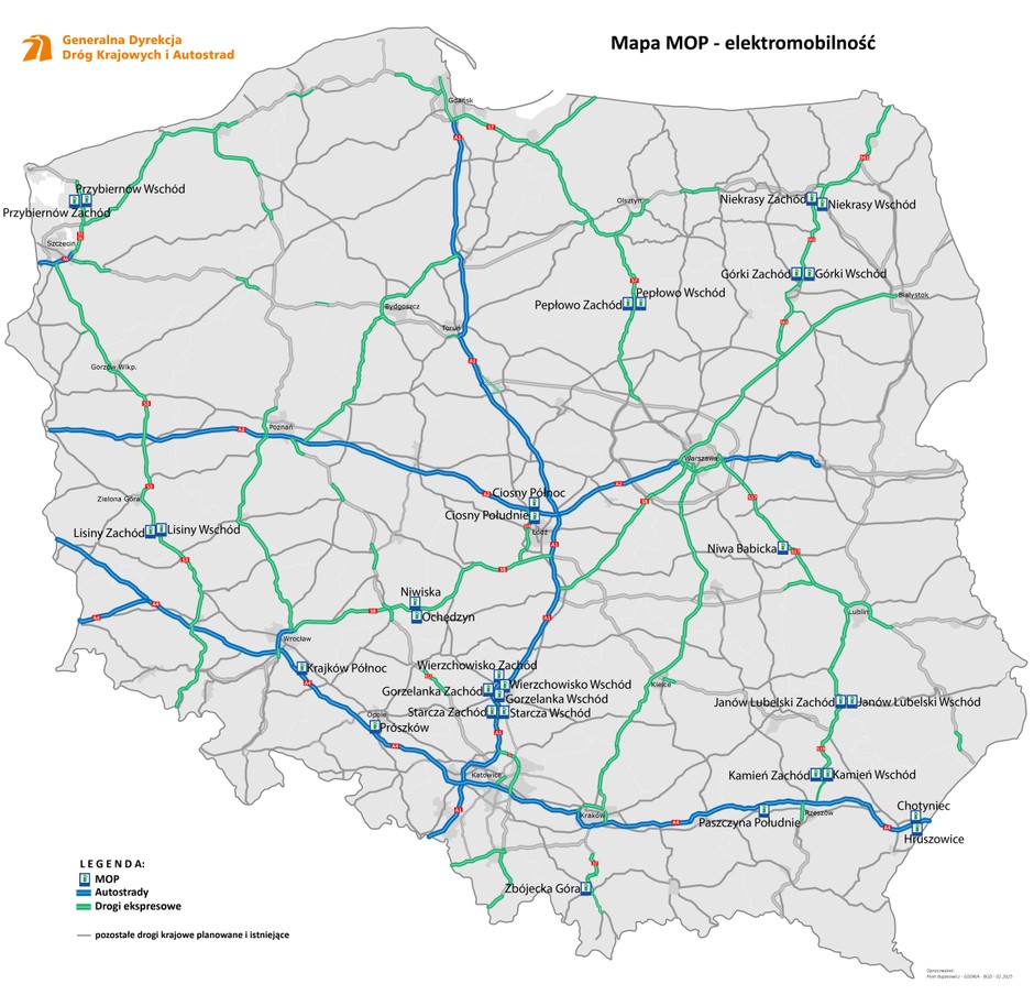 Mapa Polski z lokalizacją MOP objętych przetargiem na dzierżawę miejsc pod stacje ładowania pojazdów elektrycznych