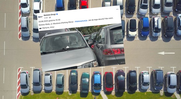 Nietypowa sytuacja na parkingu w Bielsku-Białej. Kierowcy musieli mieć problem z odjazdem