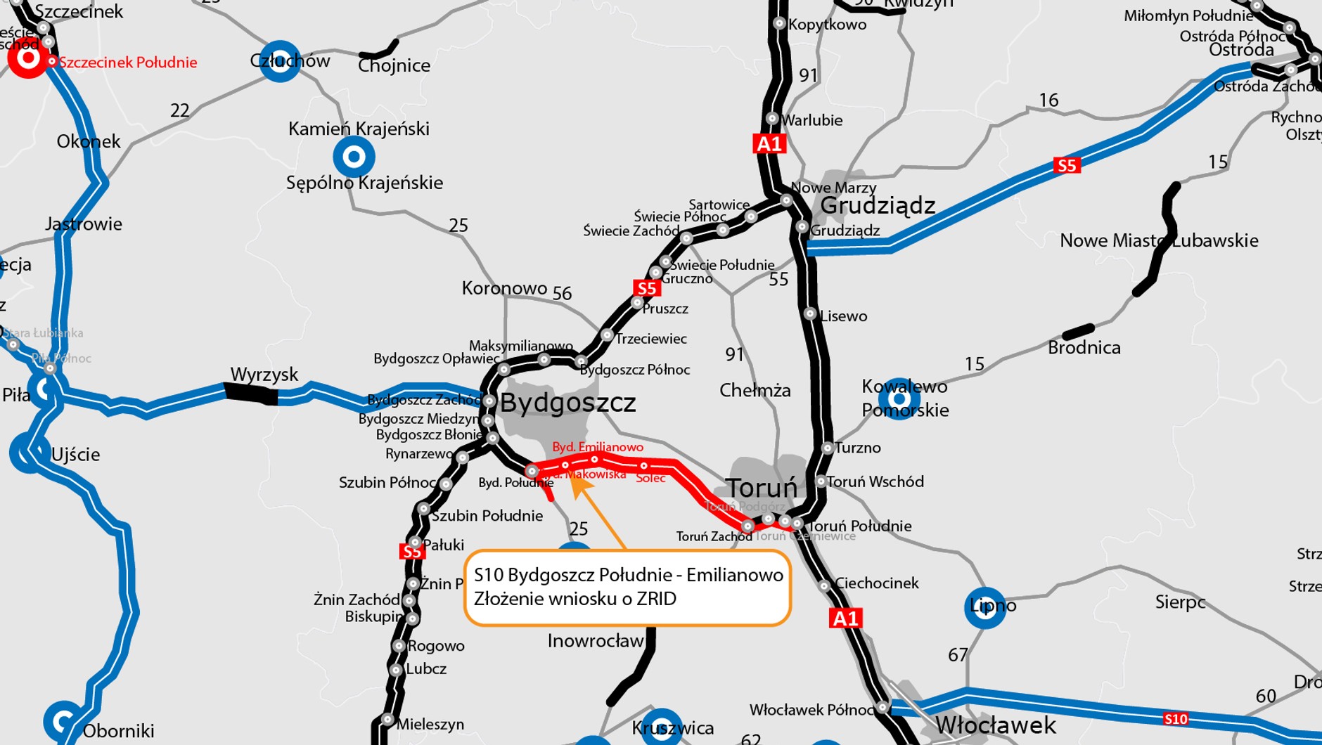 Mapa drogi ekspresowej S10 Bydgoszcz Południe — Emilianowo