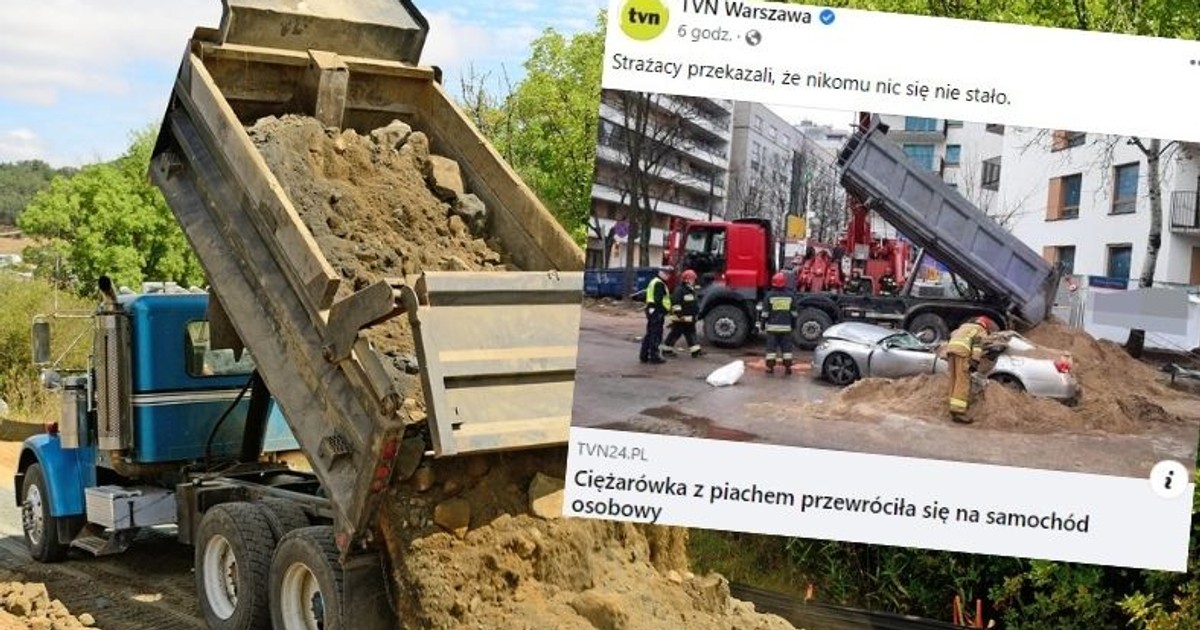 W efekcie awarii załadowana piaskiem wywrotka przewróciła się na zaparkowanego nieopodal Lexusa