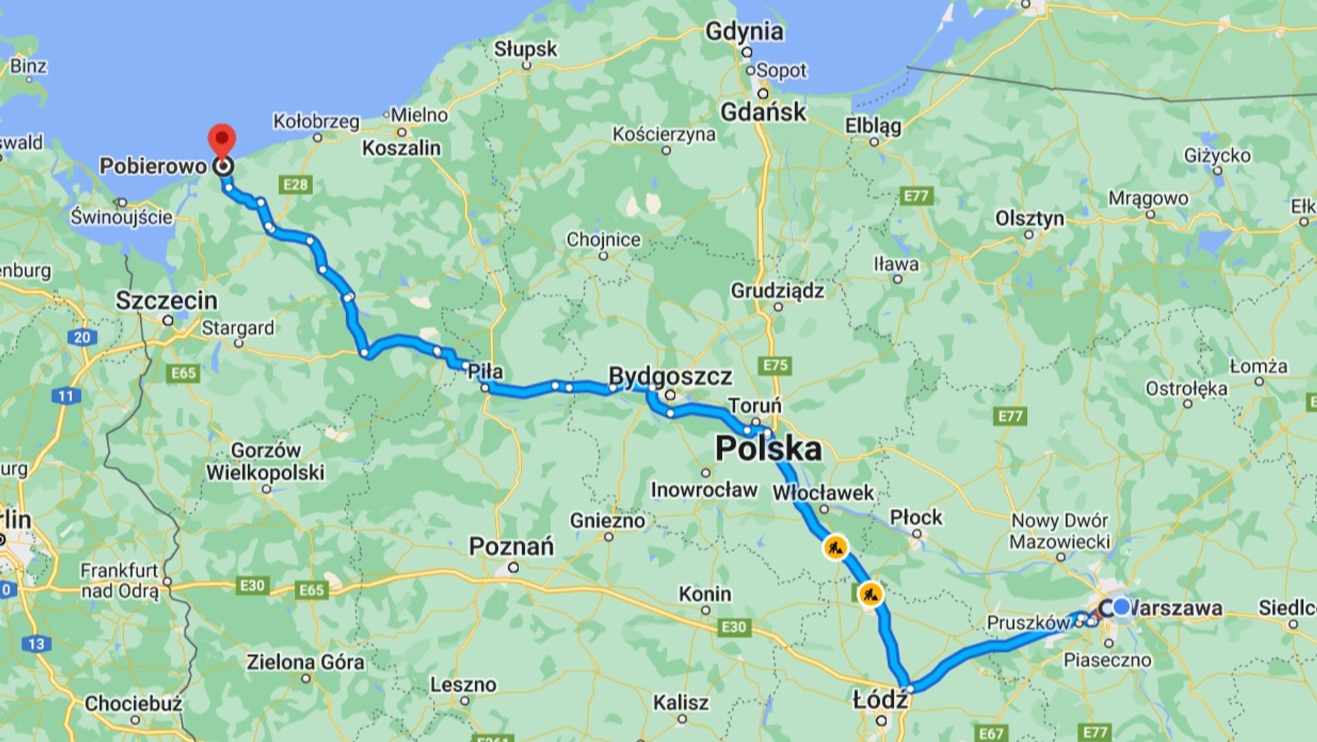 Mapa Warszawa-Pobierowo