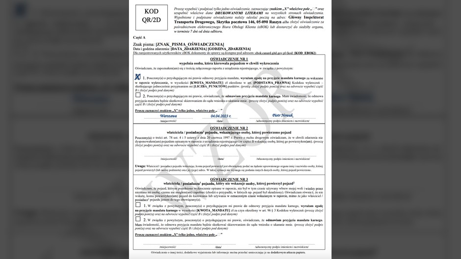 Wzór oświadczenia w sprawie kierującego zarejestrowanego przez fotoradar