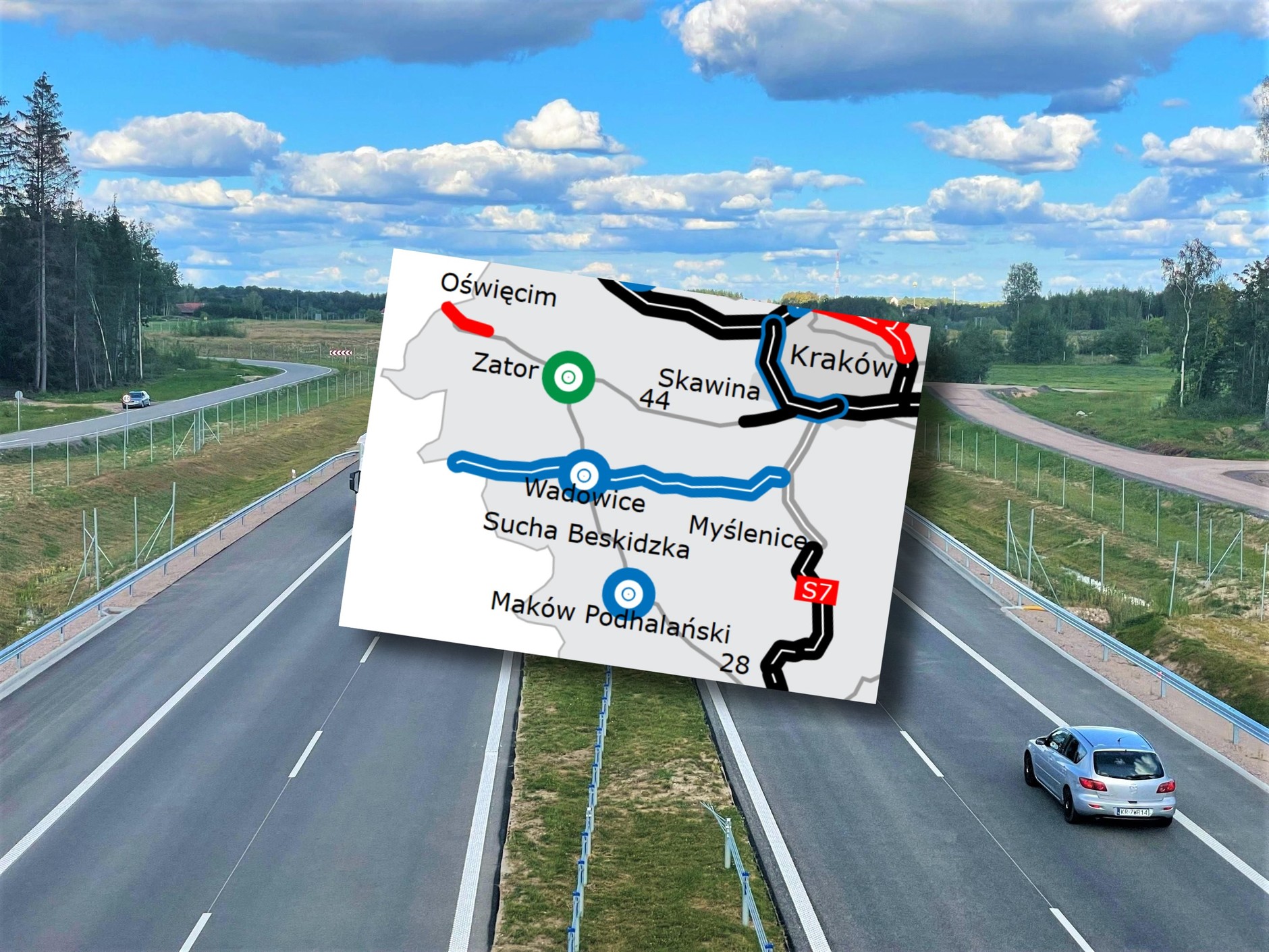 Droga ekspresowa (zdjęcie poglądowe) z mapą trasy S52