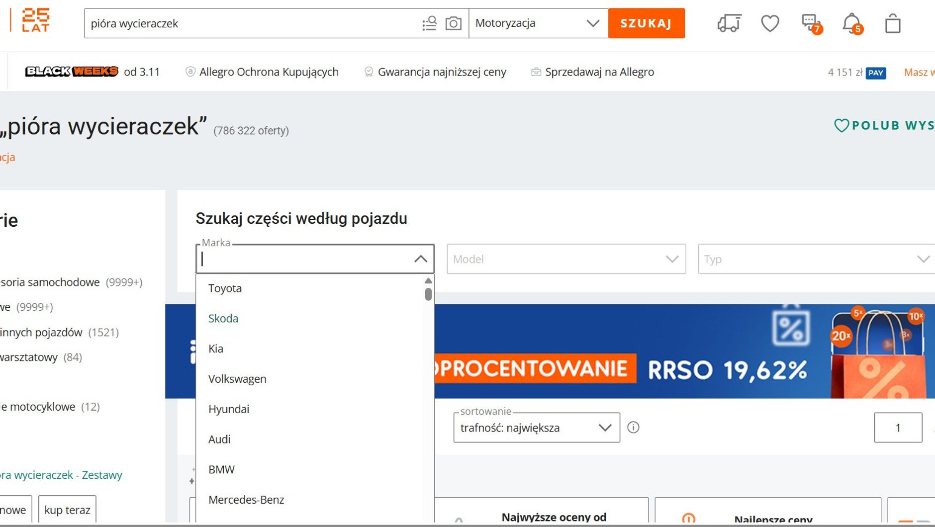 Wyszukiwarka Allegro pozwala na dobranie pasujących do samochodu akcesoriów