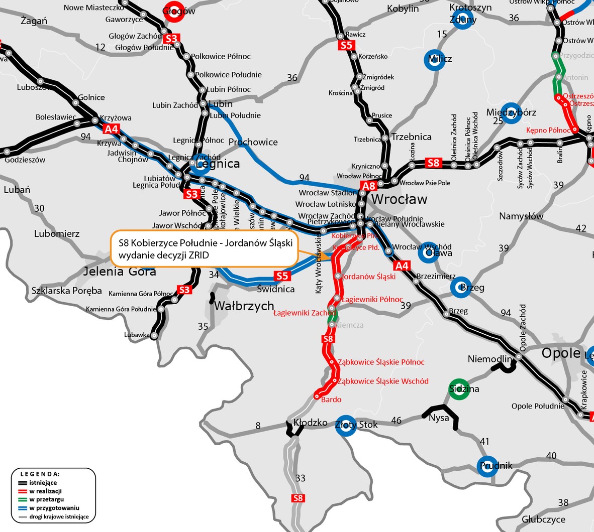 Droga ekspresowa S8 pomiędzy węzłami Kobierzyce Południe i Jordanów Śląski, mapa