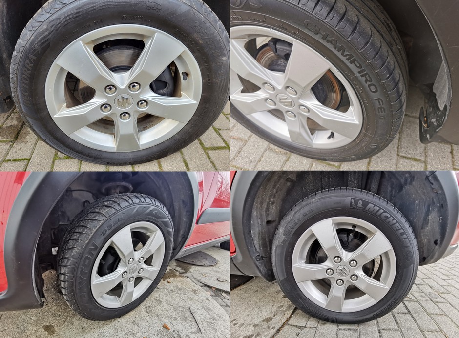 Rozmiar się zgadza, ale reszta już nie. To auto na każdym kole ma inną oponę. W takim stanie nie miało prawa przejść przeglądu. Jazda na tak zróżnicowanym ogumieniu to proszenie się o kłopoty – nie chodzi tylko o to, że można stracić dowód rejestracyjny. Zachowanie auta w ekstremalnych sytuacjach może być nieprzewidywalne, a napęd 4x4 narażony jest na przedwczesne zużycie.