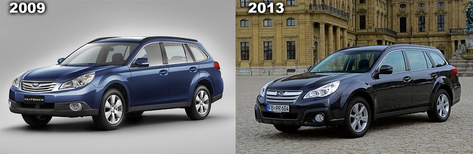 2009: debiut modeli; 2013: nieco zmieniona stylistyka Outbacka.