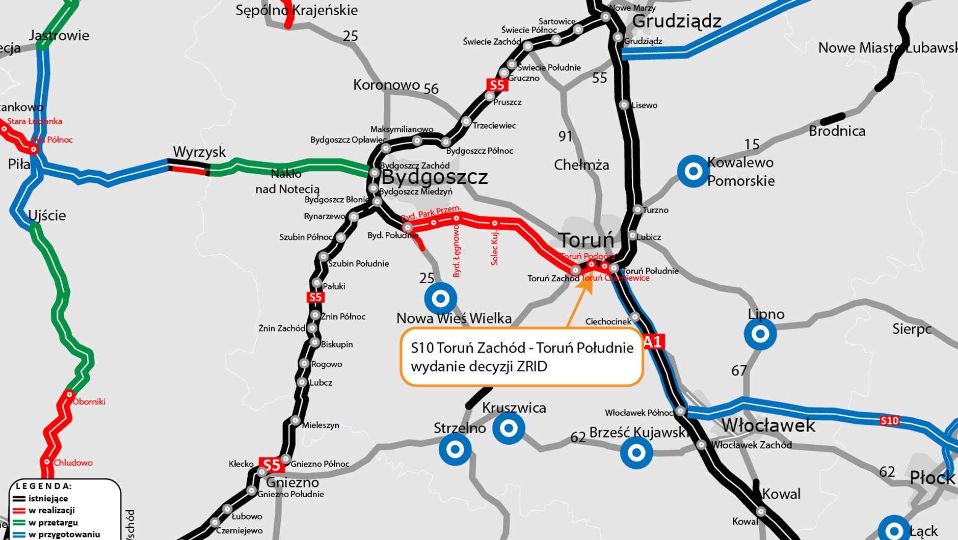 Droga S10 Toruń Zachód - Toruń Południe. Mapa