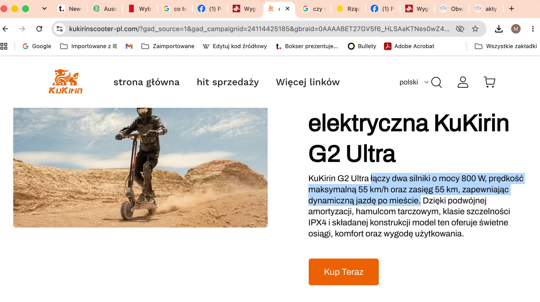 Fragment strony internetowej dystrybutora hulajnóg elektrycznych. Sugestia, że można tym jeździć po mieście, jest kłamstwem