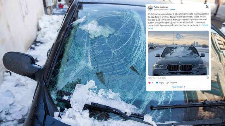 Bryła lodu spadła na bmw. Poszkodowana 30-latka. (screen: X/Policja Mazowsze)