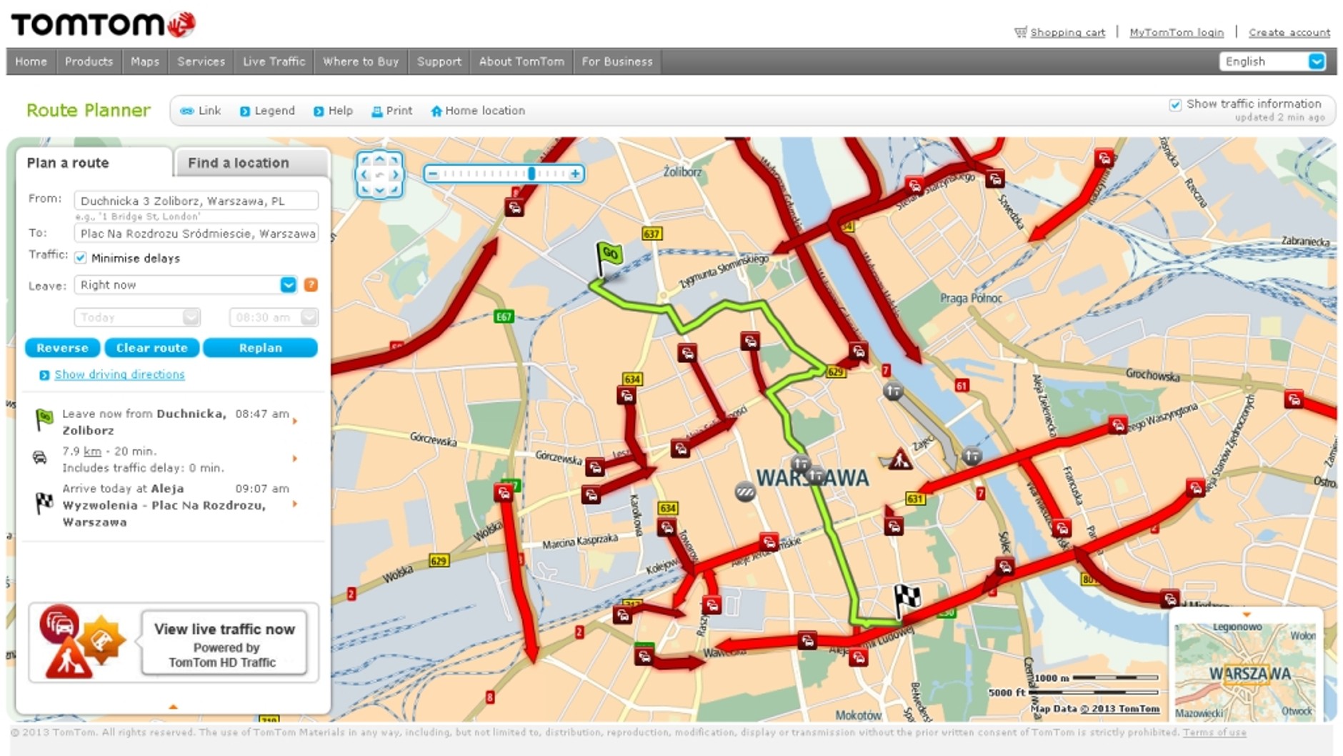 Centrum Warszawy tuż po porannych godzinach szczytu. TomTom wyróżnia się czytelną mapą. Niestety nie wszystkie utrudnienia uwzględniane są przez HD Traffic