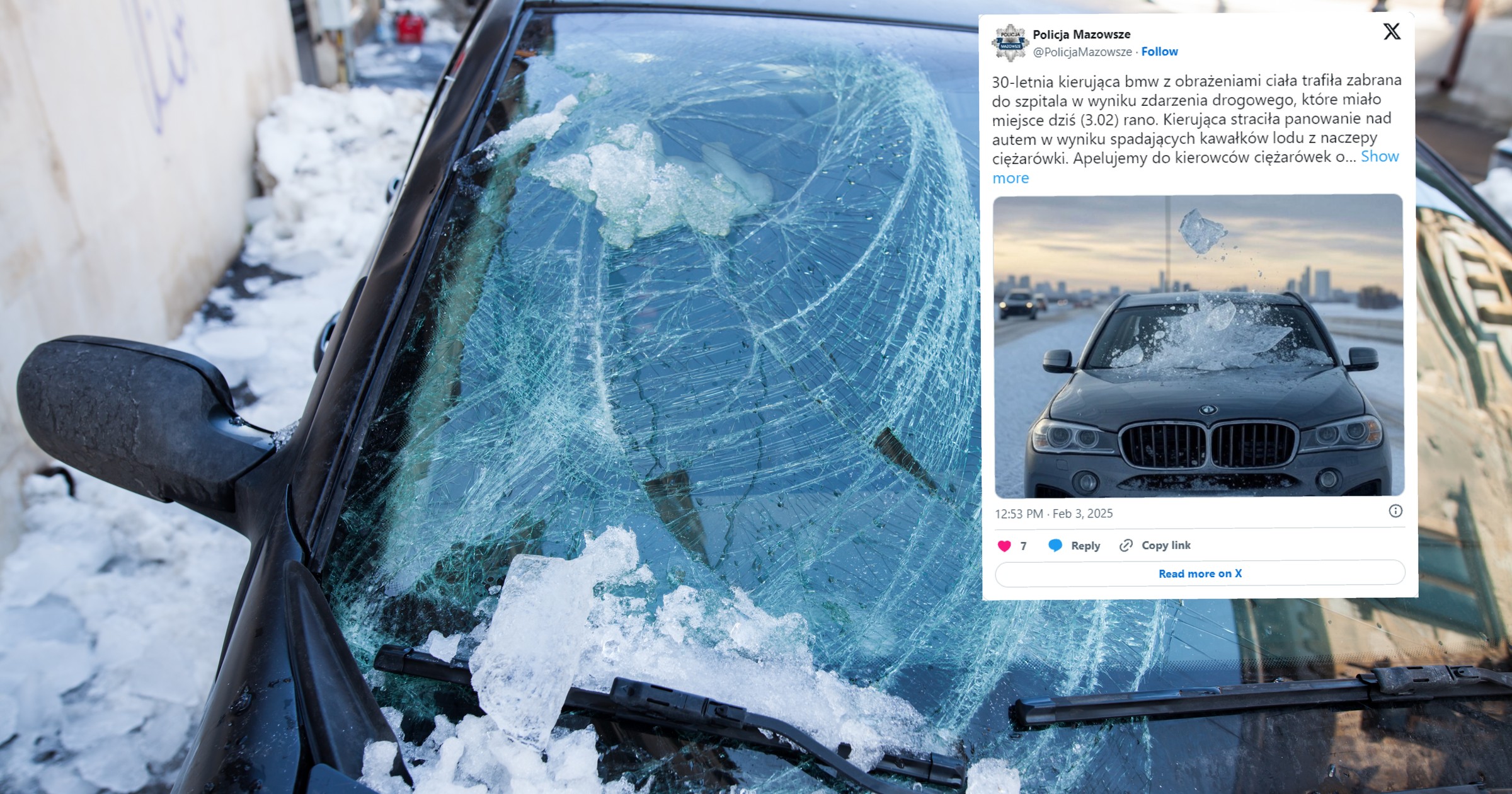 Bryła lodu spadła na bmw. Poszkodowana 30-latka. (screen: X/Policja Mazowsze)