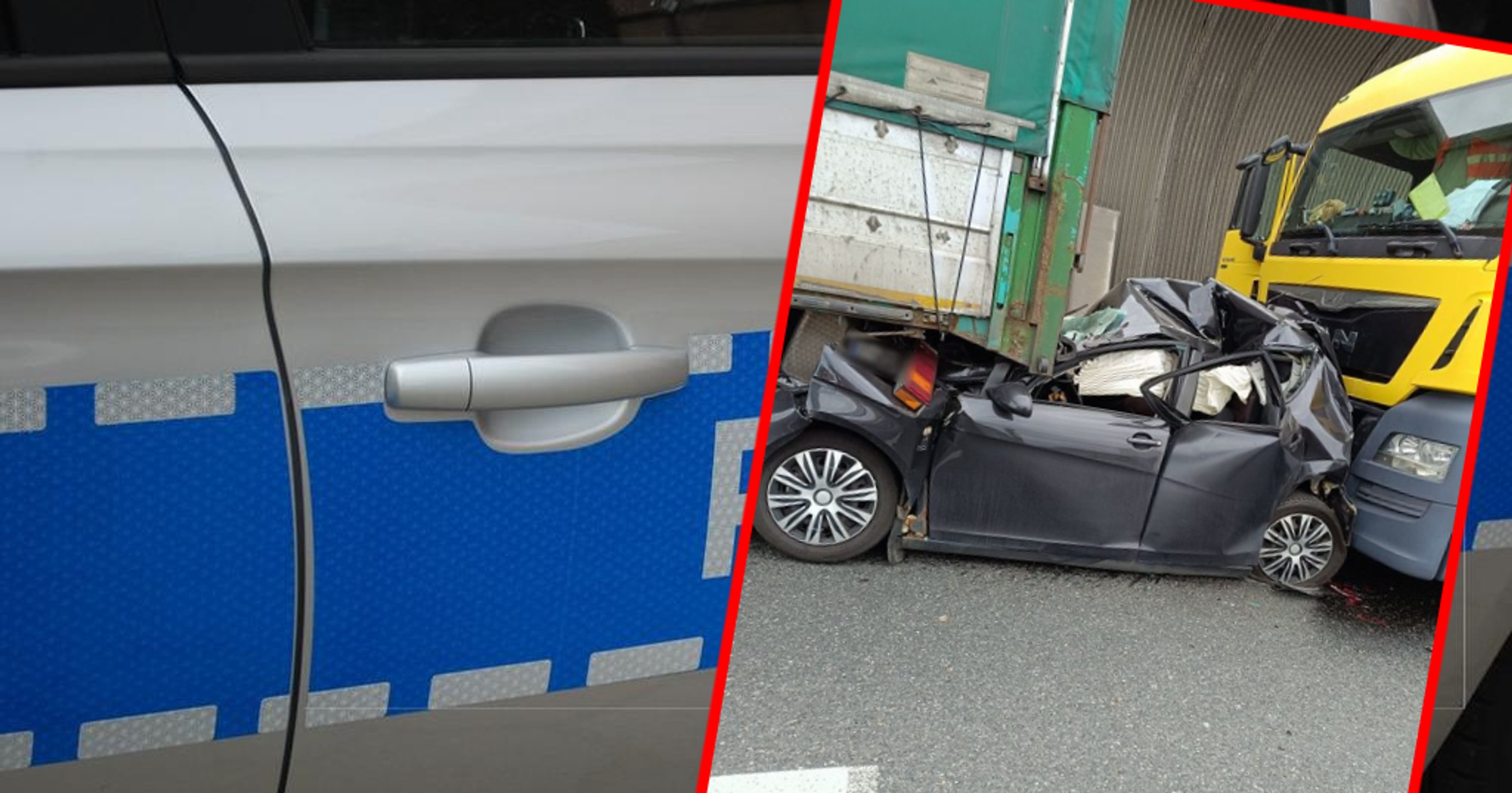 Auto wepchnięte pod ciężarówkę