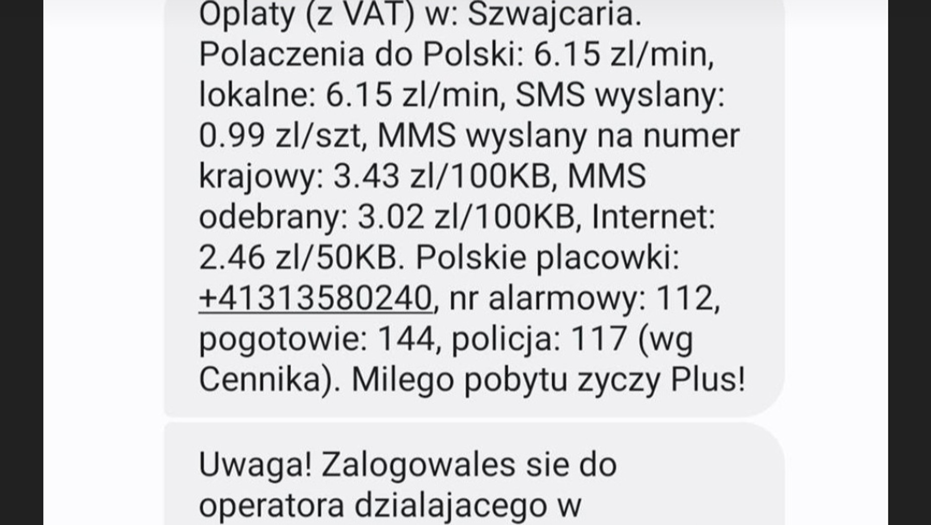 SMS informujący o opłatach za roaming. Nie ignoruj go!